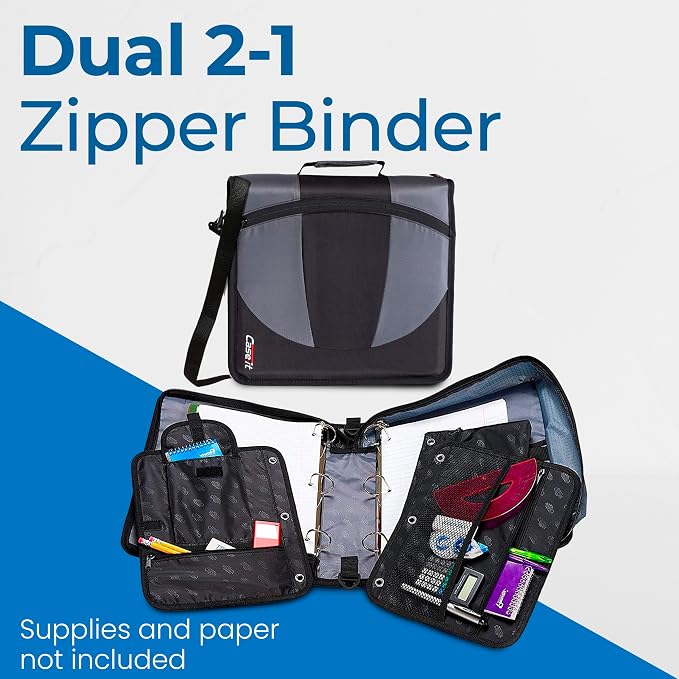 Case-it Dual Binder | Two 1.5" D-Rings | 600-Sheet | Dual-101 Jet Black | Dual 2-in-1, Pencil Pouch, Multiple Pockets, School & Office Organizer, Shoulder Strap, 6-Pack