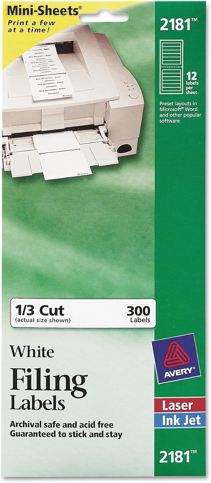 Avery Mini-Sheets File Folder Labels, Permanent Adhesive, Matte White, 2/3" x 3-7/16", 300 Labels (2181) (Pack of 2)