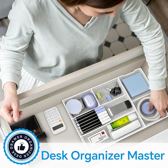 Desk Drawer Organizer, Office Drawer Divider Organizer Tray with 6 Compartments, Metal Mesh Desktop Organization and Accessories for Stationery Makeup Kitchen Toolroom School ＆ Office (Large-White)