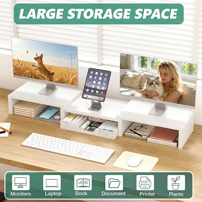 Dual Computer Monitor Stand Riser, Desk Organizer with Drawer, Office Desk Accessories & Workspace Organizers for Home Office Supplies, White