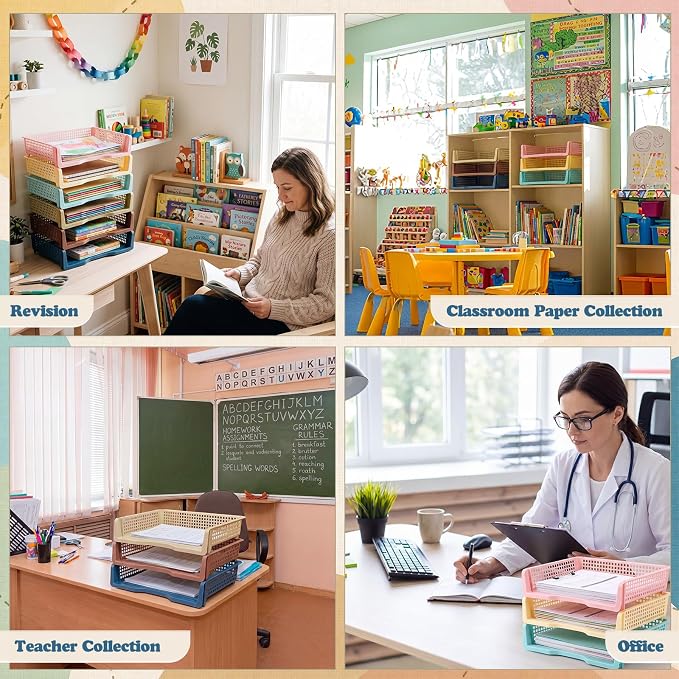 Weysat 6 Pcs Turn in Trays Classroom, Stackable Paper Tray for Classroom Organization Plastic Desk File Organizer Bin Basket for Library Drawer Teacher Office Document Storage (Morandi Tones,Wide)