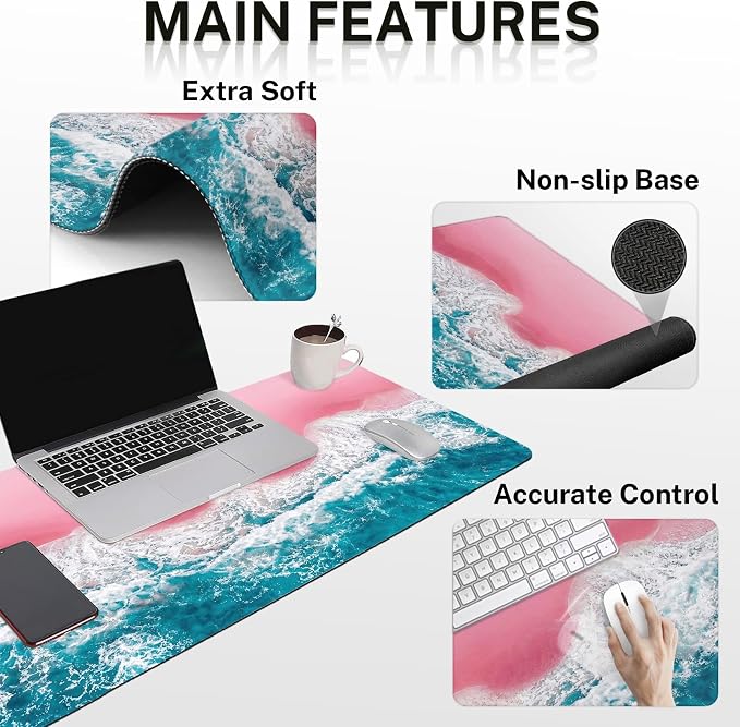 Keyboard Mouse Pad Set, 4 in 1 Desk Mat Set, Pink Sand | Beach Blue Sea Large Mousepad+Keyboard Wrist Rest+Mouse Wrist Rest+Coaster Ergonomic Design for Home Office Computer