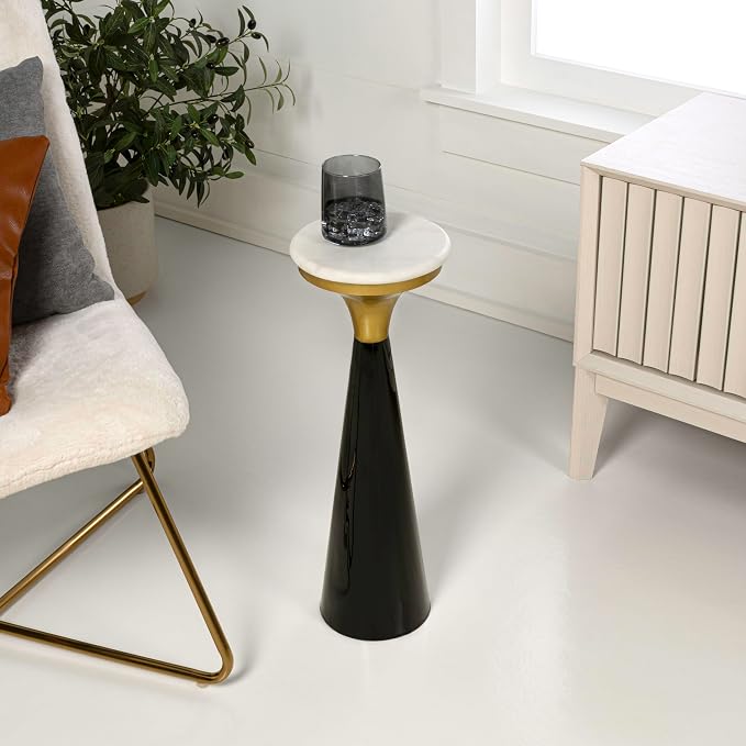 JONATHAN Y Oliver 8" Round Marble Pedestal Drink Table, Black/White/Gold | 22.25" High Modern Martini Cocktail Accent Stand, Small Side Furniture, No Assembly, Mid-Century Glam Style