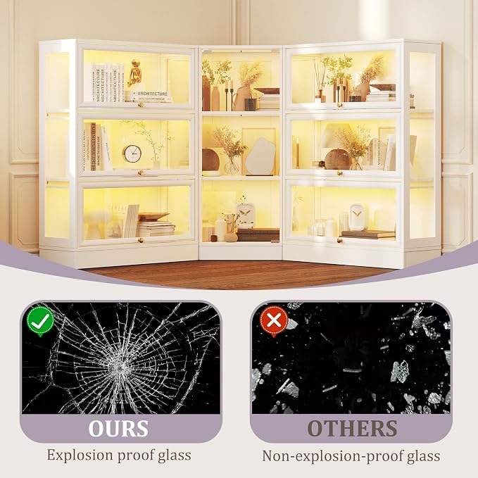 Corner Display Cabinet with Glass Doors, 3-Tier Curio Cabinets with RGB Lights, 42" Display Case with Wood Shelves for Collectibles, White