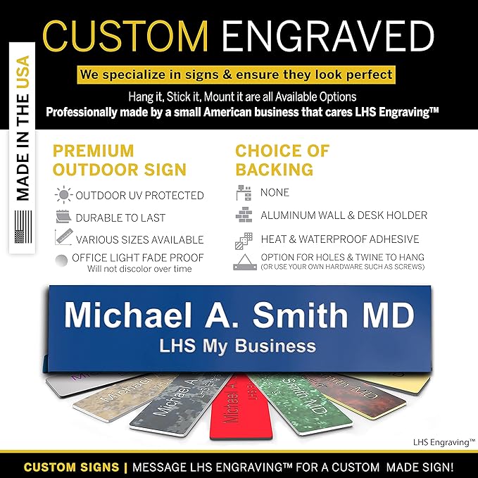 Engraved Name Plates for Door Sign Personalized Blue Plastic Plaque with White Letters - Made in USA 2x10 B9