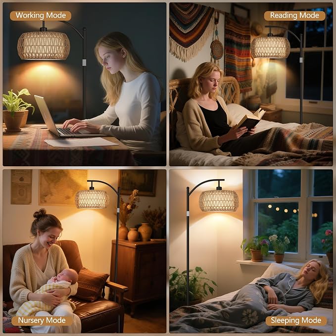 ROTTOGOON Rattan Floor Lamps for Living Room, Boho Standing Lamps with Rattan& Linen Double Shades, Arc Lamps Floor Standing with 9W Bulb, Foot Switch, Bohemian Floor Lamps for Bedroom, Office-Black
