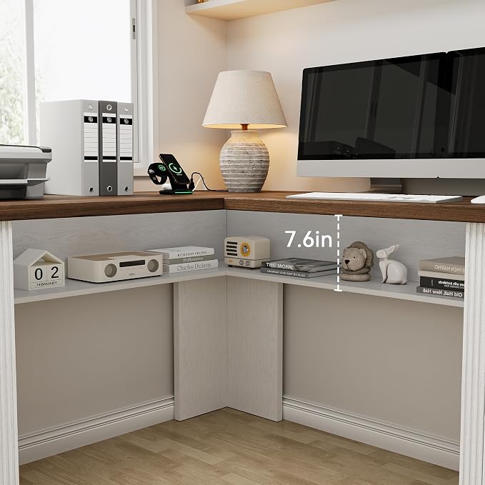 Farmhouse L Shaped Executive Desk with 4 Drawers, Home Office Desk with Hidden Under-Desk Storage Shelf and Charging Station, File Cabinet Storage, Wood Corner Computer Desk for Work(White+Brown)