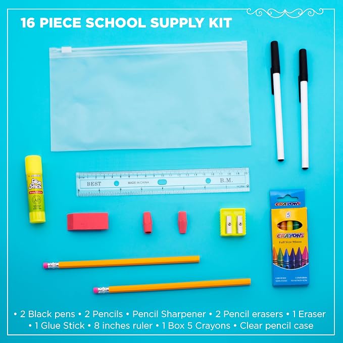 Moda West 48 Pack Bulk School Supplies 16 Piece Kit - Pens, Pencils, Crayons, and More - Essential Box of School Supplies for Elementary, Middle, and High School Students
