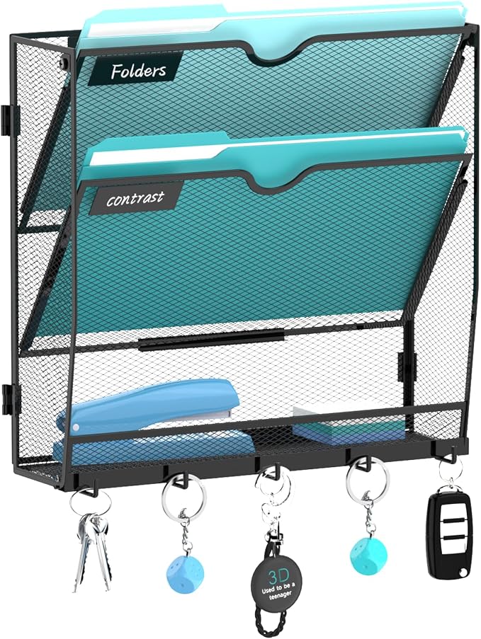 3-Tier Wall File Organizer and Mail Organizer with 5 Hooks, Black | Label slots, curved openings, 5 key hooks, and a bottom tray support organized mail, file, and everyday item storage.