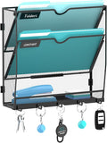 3-Tier Wall File Organizer and Mail Organizer with 5 Hooks, Black | Label slots, curved openings, 5 key hooks, and a bottom tray support organized mail, file, and everyday item storage.