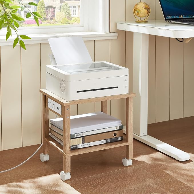 YUFAM 2 Tier Under Desk Printer Stand with Charging Station, Natural | Wooden Small Printer Table for Home Office, Rolling Printer Cart Shelf with Lockable Wheels