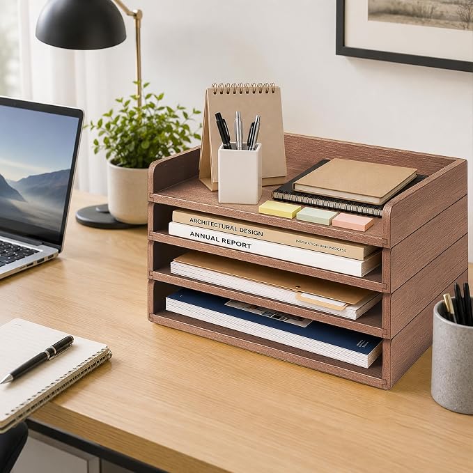 4 Pack Stackable Paper Tray, Wooden Paper Tray Organizer with Letter Tray, Paper Holder for Desk, Desktop File Storage Rack for Study, Home and Office (Walnut)