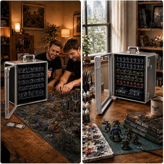 Miniature Carrying Case for Wargame Figures, Mini Display Case, Large | Aluminum Alloy, 5 Metal Trays, Combination Lock, Shoulder Strap, Storage Case for Collectibles, Tabletop Figure