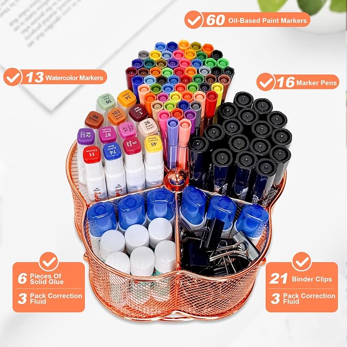 Pen Holder for Desk,360 Degree Rotating Pencil Holder Organizer | 5 Compartments,Large Capacity Pencil Holder for Desk,Metal Rust Prevention,Pen Organizers for Home(Rose Gold, No hook)
