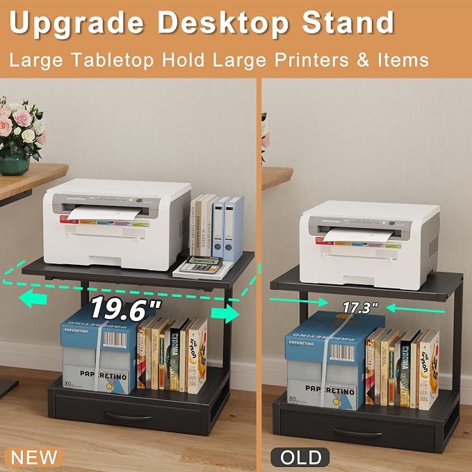 YAOHUOO 2-Tier Desktop Printer Stand with Fabric Drawer,19.6"x14.9" Black | Printer Table with Storage Shelf,Desk Organizer for Home Office,Fit Printer,Fax Machine,Scanner,Space Saving for Two Monitors