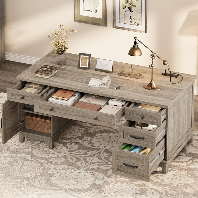 IDEALHOUSE Farmhouse Executive Desk 60 Inch, Wooden Home Office Desk with Adjustable Storage Cabinet, Built-in Charging Port, File Cabinet for Writing & Study, Elegant Workstation, Retro Gray