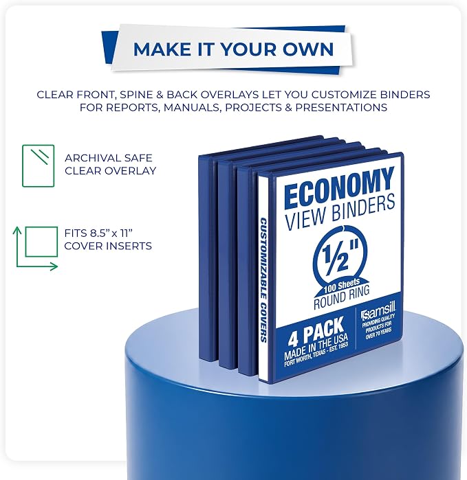 Samsill 0.5 Inch 3 Ring Binder, Economy Round Ring, Clear View Cover, 100 Sheet Capacity - for School, Home, Office - Blue, 4 Pack