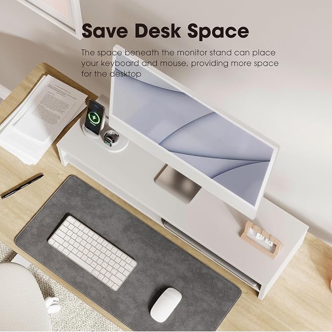 Fenge 31.5 Inch Dual Monitor Stand Riser for Desk, White | Wooden Desk Shelf, 2-Tier Open Storage Compartment, for PC Laptop Screen Printer, Home Office Desktop Organizer