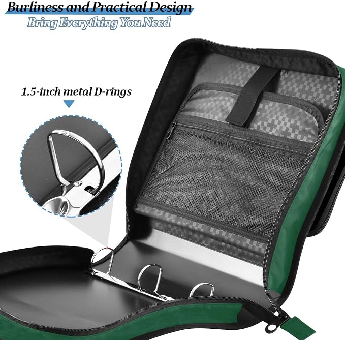 Aslsiy Zipper Binder 1.5 inch Forest Green Girls Boys 3-Ring Binder with Shoulder Strap Binders Organizer for School Office Supplies