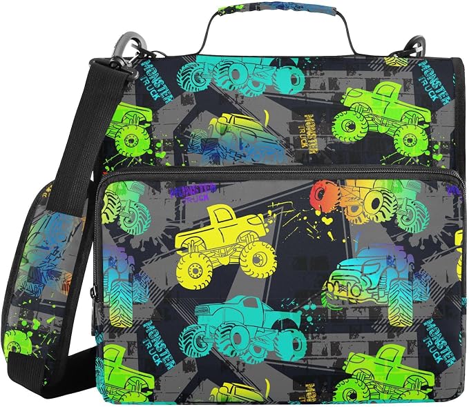 Monster Trucks Print Zipper Binder Bag 3 Ring with Shoulder Strap & Handle Multi Pocket Binder Organizer Bag Large Capacity for School Office Supplies