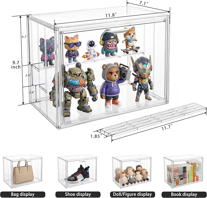 Clear Acrylic Display Case for Figures, 3 Layer Adjustable Acrylic Boxes for Display, Stackable Display Boxes for Collectibles, Action Figure Display Case for Shoe, Bread, Cosmetic, Handbag, 1 Pack