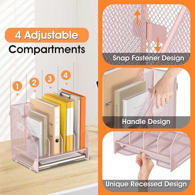 4 Vertical Mesh Desk Organizer with Paper Letter Tray, Pink | Sorting racks with lower letter tray section. Multipurpose mesh desktop space saver for home office and school