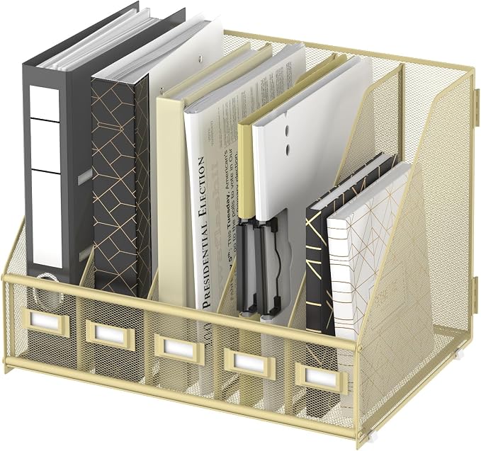 Desk Organizers Metal Desk Magazine File Holder with 5 Vertical Compartments Rack File Organizer for Office Desktop, Classroom, Home Workspace, Golden Yellow, Plus
