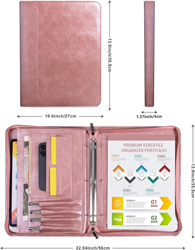 Rose Gold Padfolio,Vegan Leather Portfolio for Women,3-Ring Binder with Zipper, A4 Planner Binder with Laptop Pocket,Legal Size Portfolio,WorkBinder Organizer for Women and Girls