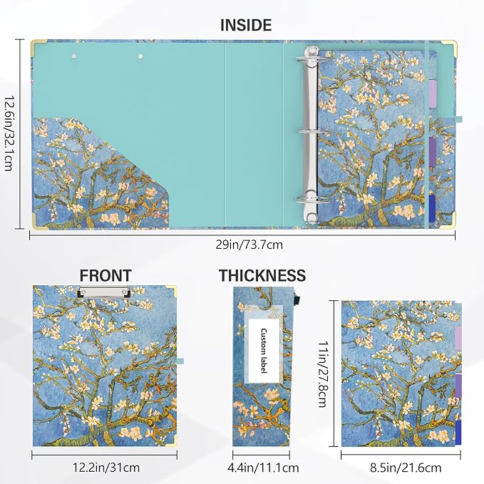 3 Ring Binder 3 Inch Round Ring Binder with 6 Tab Dividers，2 Interior Pockets，Cute Binder Clipboard with Storage, for School Office, Portfolio Organizer with Labels(Almond Tree)