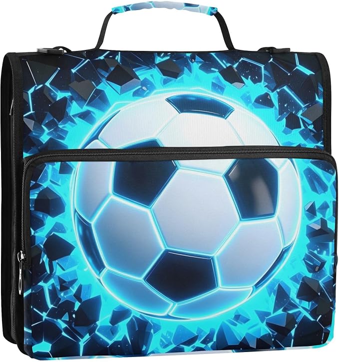 3D Soccer Football Blue 3 Ring Binder Bag 1.5 inch Binder Organizer with Zipper Shoulder Strap 500 Sheet Documents Storage for School Office
