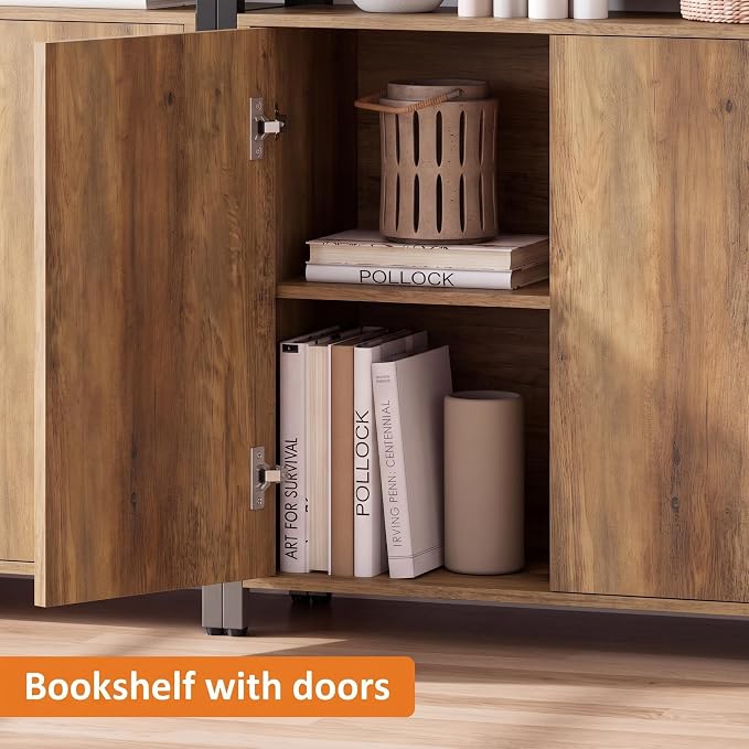 Garvee 71" Tall Bookshelf with Doors and Adjustable Shelf, Brown | Industrial Display Standing Shelf Rack with 3-Tier Shelves, Bookcase with Protective Rails for Living Room, Office