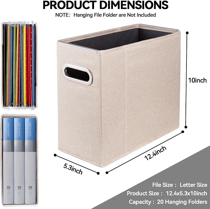2 Packs Letter Size File Organizer, File Folders Organizer, Fabric Storage Box, Collapsible Paper Organizer with Metal Handle, Smooth PVC Rails, Only Box (Beige)