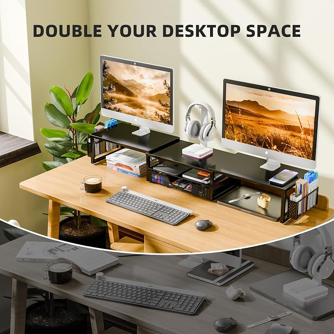 Simple Trending Dual Monitor Stand with Drawer and 2 Pen Holders, Black | 42"L x 9.5"W x 4.75"H. Sturdy metal. Fits 2 monitors. Reduces neck strain. Drawer + 2 pen holders. Easy assembly. 24h support