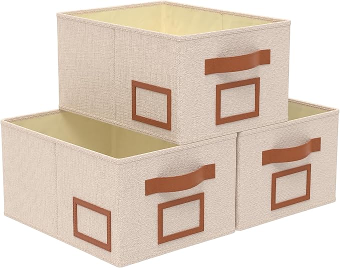 OUTBROS Foldable Storage Box for Shelves, 15.7 x 11.8 x 7.9 inch Fabric Baskets, Wardrobe Organiser with Handles, Suitable for Storing Clothes, Books, Cosmetics (Beige, 3-Pack)