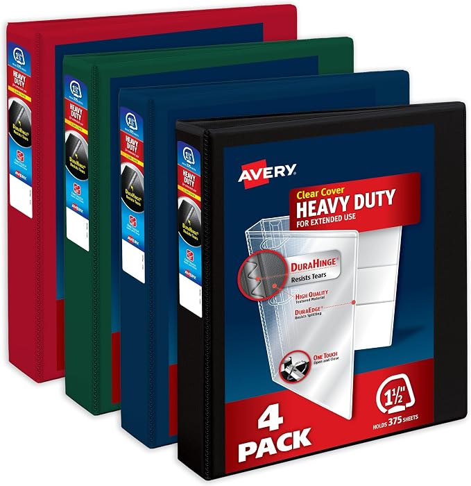 Avery Heavy-Duty View 3 Ring Binders, 1.5", 4 Assorted Dark Binders | For Heavy School, Home and Office Use, DuraHinge Tear-Resistant Spine, DuraEdge Split-Resistant Sides, Interior Pockets