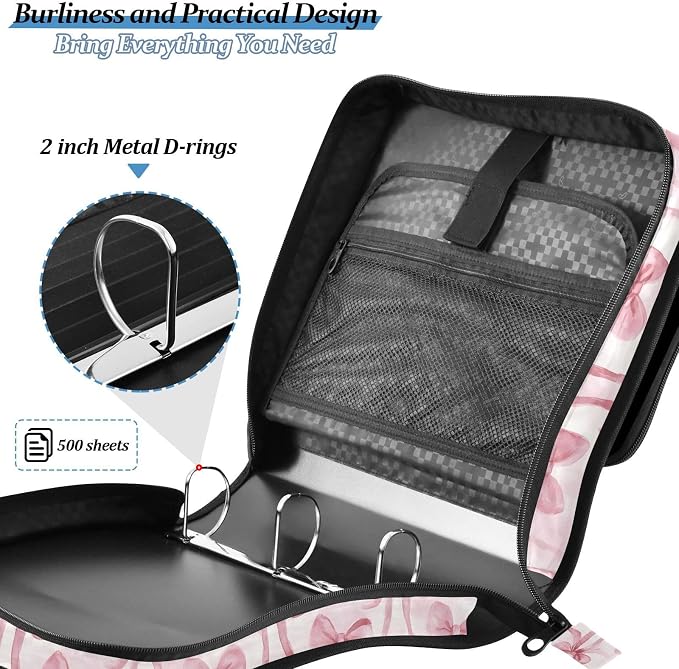 Watercolor Pink Bow Pattern Zipper Binder 3 Ring with Handle and Shoulder Strap, 500 Sheet Binder Organizer Capacity & Multi-Pockets for School Office