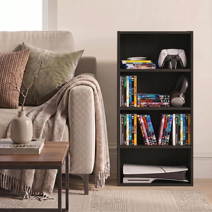 Furinno Basic DVD Shelf, 4-Tier CD Rack, Media Shelf, Espresso | 7 x 17 x 35, Open Shelf for DVD Blueray Game Disc, Storage Cabinets, for Living Room, Bedroom, Home Office