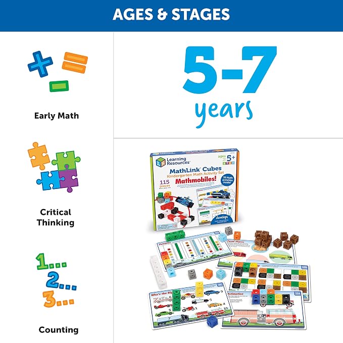 Learning Resources MathLink Cubes Kindergarten Math Activity Set: Mathmobiles 115 Pieces, Ages 5 and Up Kindergarten STEM Activities, Math Activity Set and Games for Kids