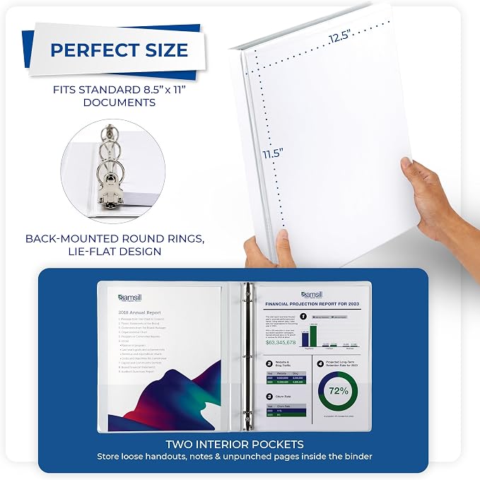 Samsill 0.5 Inch 3 Ring Binders, Economy Round Ring, Clear View Cover, 100 Sheet Capacity - for School, Home, Office - White, 24 Pack
