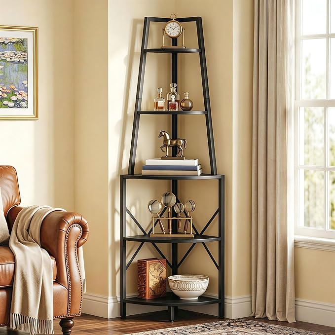 HOOBRO 5-Tier Corner Shelf with LED Lights, 67.9” Tall Corner Shelf Stand, Corner Bookshelf, Corner Plant Stand Display Shelf, for Living Room, Kitchen, Home Office, Black BB120DCJ01
