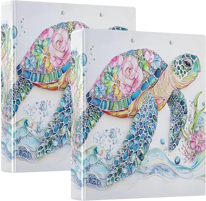3 Ring Binder Sea Turtle Floral Ocean Map Nautical Coastal 1.5 inch Binders Three Ring Binders with Clipboard Fit 8.5'' x 11'' Paper 3 Interior PVC Clear Pockets for Office Supplies