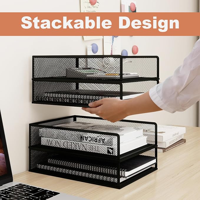Natwind 4-Tier Stackable Metal Mesh Letter Paper Tray Organizer,Black | Desk Organizer For Paper,Document,Mail Tray For Office Supplies,File Holder For Home Office School Classroom Organization