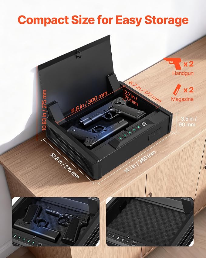 VEVOR Gun Safe, Heavy Duty Handgun Safe with Fingerprint/Password/Key, 3-Way Quick Access Firearm Case Box with Lighting for 2 Pistols & 2 Magazines, Pistol Gun Box for Nightstand Bedside Desk Car