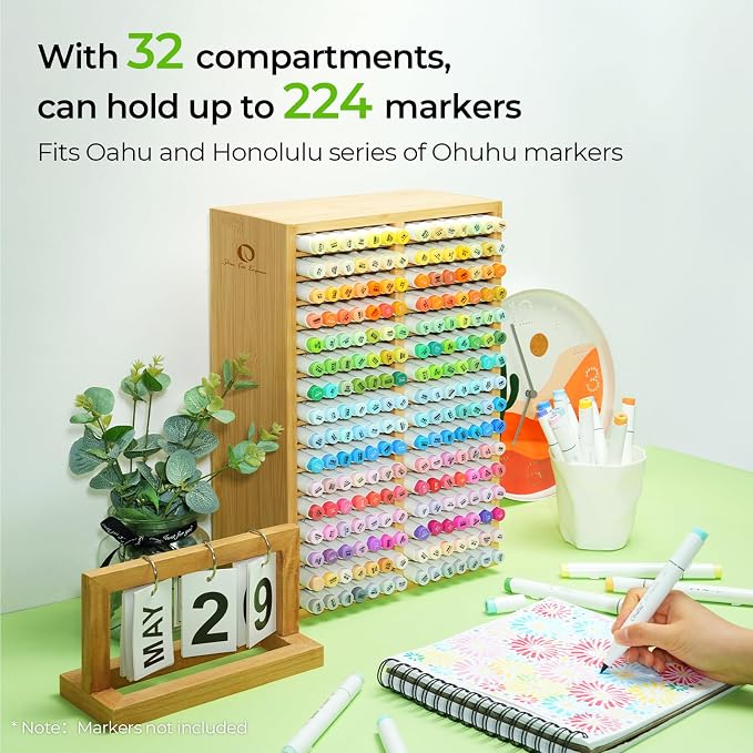 Ohuhu Bamboo Marker Organizer Hold 224 Markers for Honolulu Oahu Series | Markers Pens Pencils Stationary Organizer Holder Desktop Storage with 32 Compartments for Classroom Office Decor Home