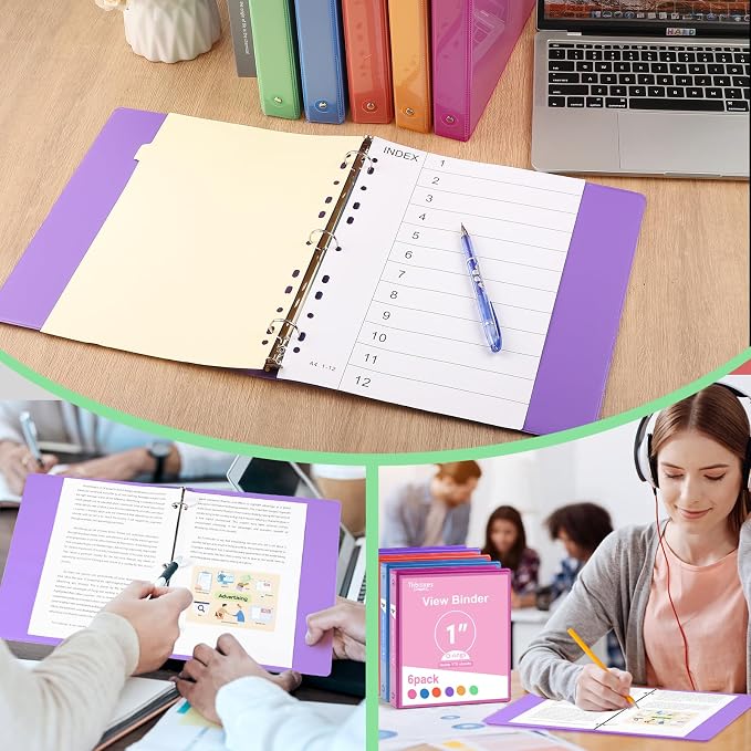6 Pack 3 Ring Binder, 1 Inch Binder, Round Ring Binders | 2 Interior Pockets & Clear View Overlay, Large Capacity, for Office Supplies, School, Home - 6 Colors, Rainbow Colors