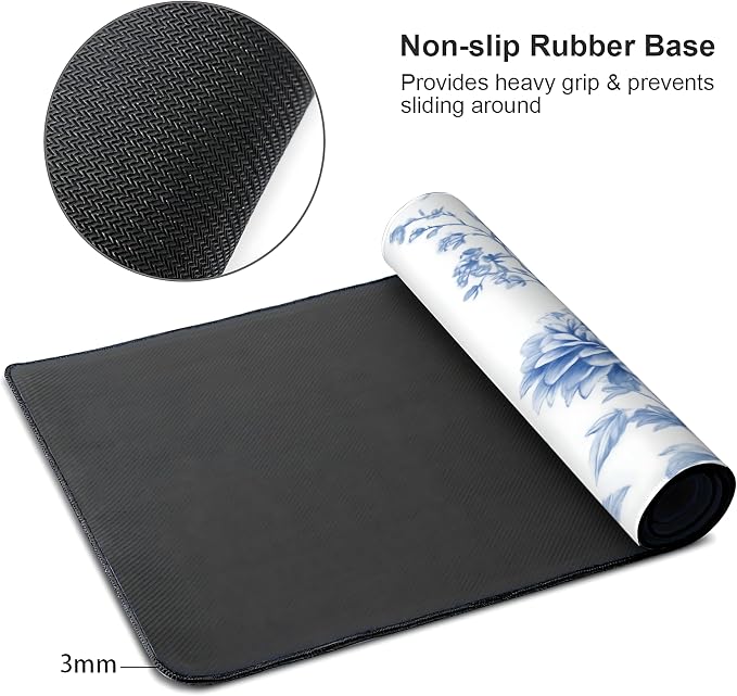 Floral Aesthetic Dahlia Gaming Mouse Pad, White Blue Chinoiserie Desk Mat with Anti-Slip Base & Stitched Edges,35.4" x 15.7" in Table Mat for Computer Desktop, Beautiful Workstation Decor