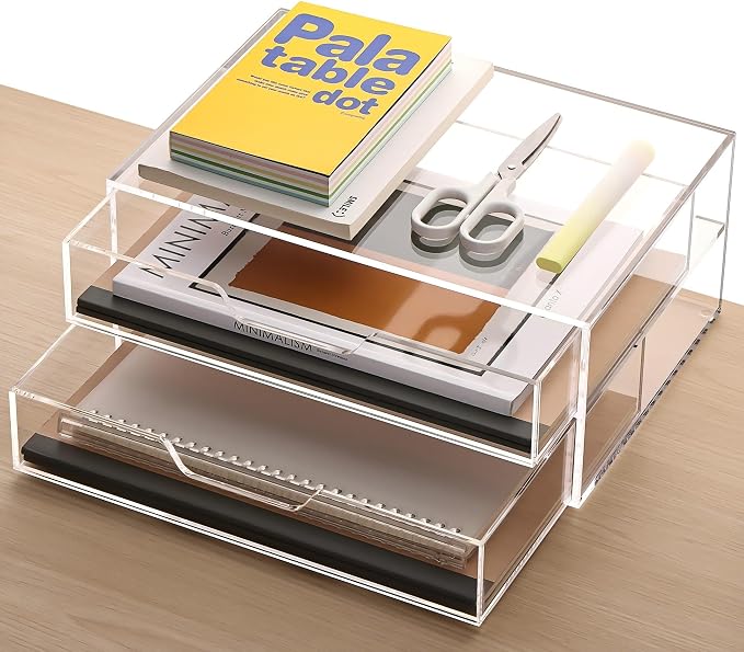 SANRUI 2 Tier Acrylic Desk Organizer with 2-Drawer, Clear File Organizer | 2 Open Drawers, Organize Office Desk Accessories & Sort Pens, Notes, Makeup, Jewelry & Toiletries for Office, Vanity & Bath
