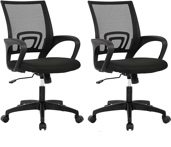 BestOffice Ergonomic Office Chair | Mid-Back Swivel Desk Chair | Black | with Lumbar Support, Adjustable Height & Breathable Backrest | Sponge Seat & Rolling Wheels | for Home, Office | Pack of 2