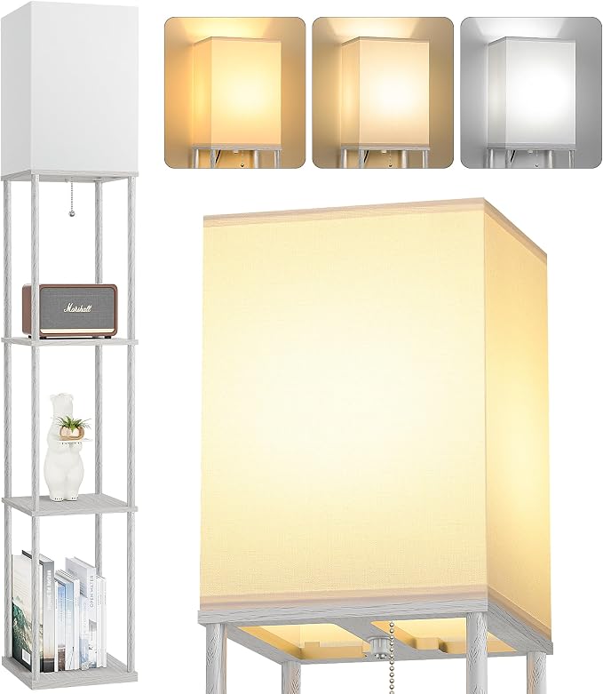 Floor Lamp with Shelves, 3-Tier Square Bookshelf Standing Lamp Dark Grey | 3 Color Temperature Bulb Included, Pull Chain Tall Lamp for Living Room Bedroom Corner Office Apartment Decor