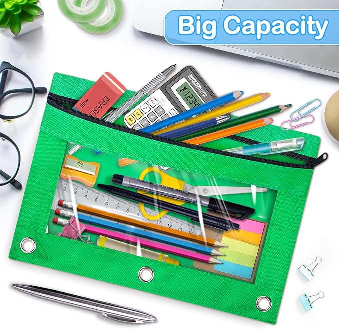 Letapapa 100 PCS Pencil Pouch for 3 Ring Binder, Zipper Pencil Pouches in 10 Colors, 3 Ring Pencil Pouches with Clear Window, Binder Pencil Pouch Bulk for Classroom Office School Supplies | Pencil Pouch for 3 Ring Binder, Zipper Pencil Pouches with Cle...